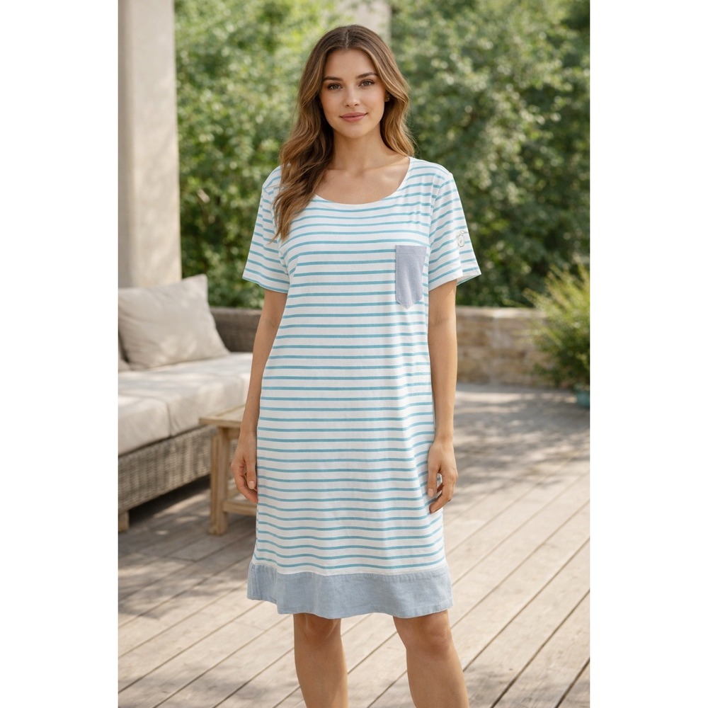 JOULES Dress Nautical Stripe Jersey Short‎ Sleeve Teal White Pocket Womens Sz 16